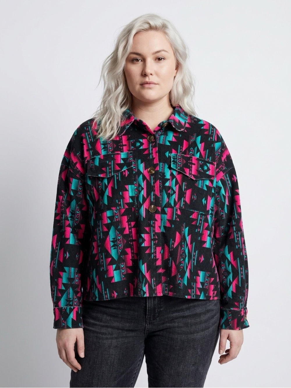 Sterling Kreek Neon Aztec Button-Up Shacket in Black, Pink & Teal Women’s Size M